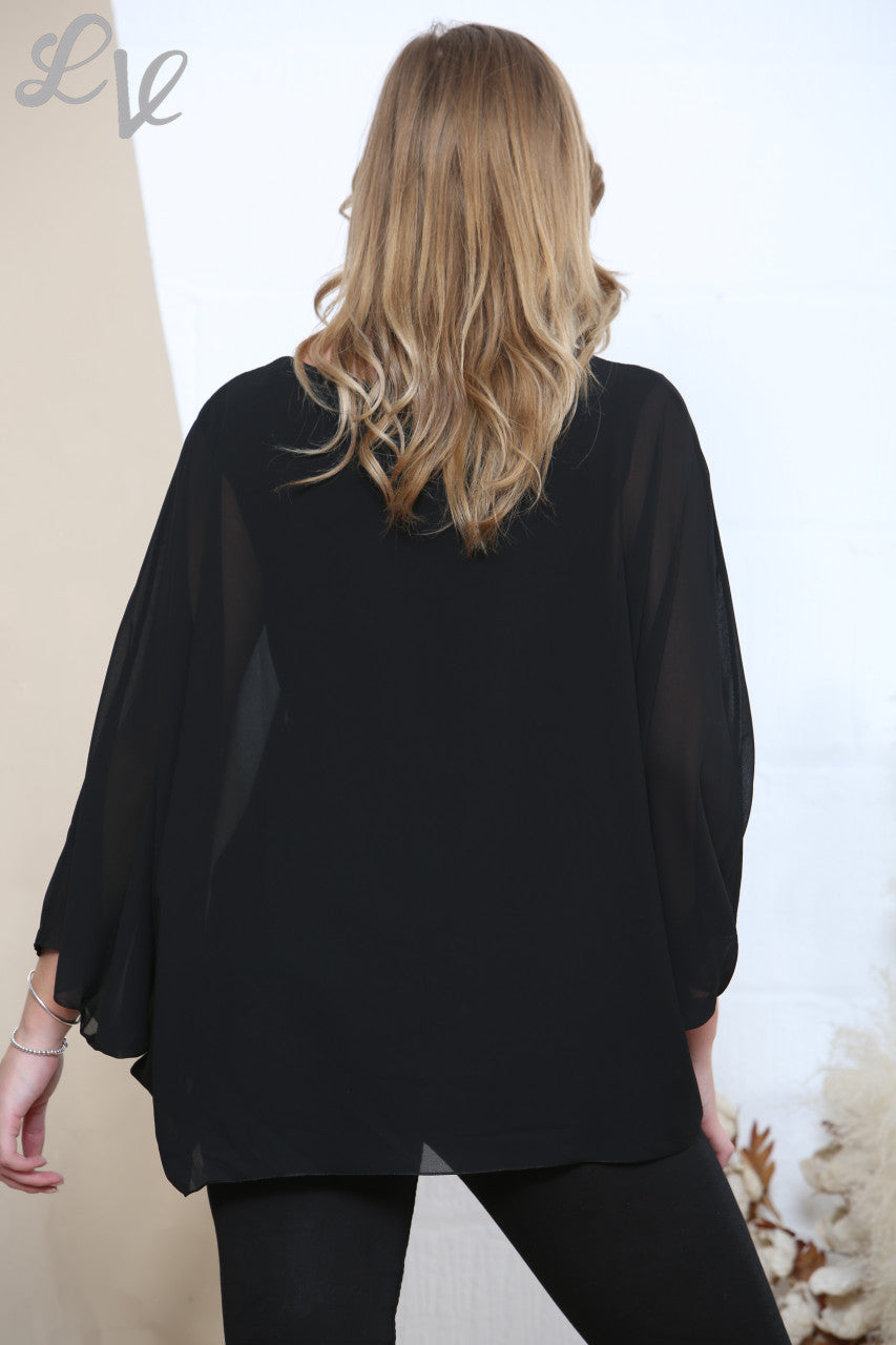 Dames Effen Batwing Blouse Top Zwart