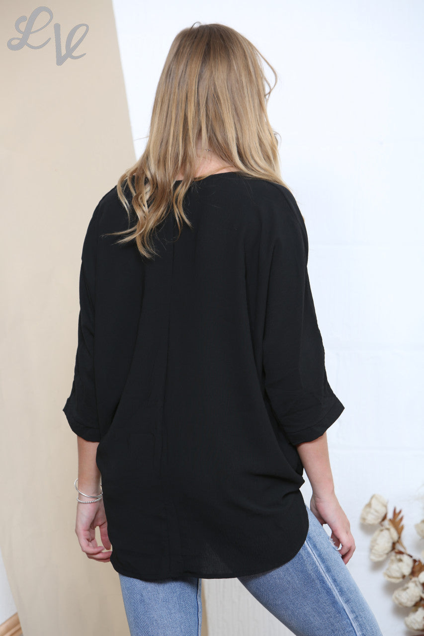 Ladies Ruched Hem Plain Blouse Top Black