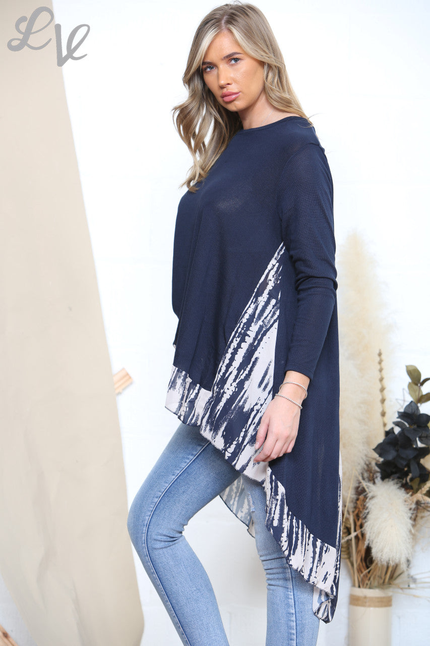 Ladies Drop Back Hem Top With Tie Dye Print Navy