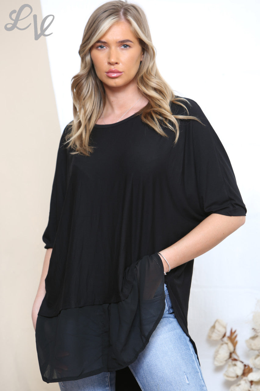 SHEER SLIT HEM TOP  BLACK