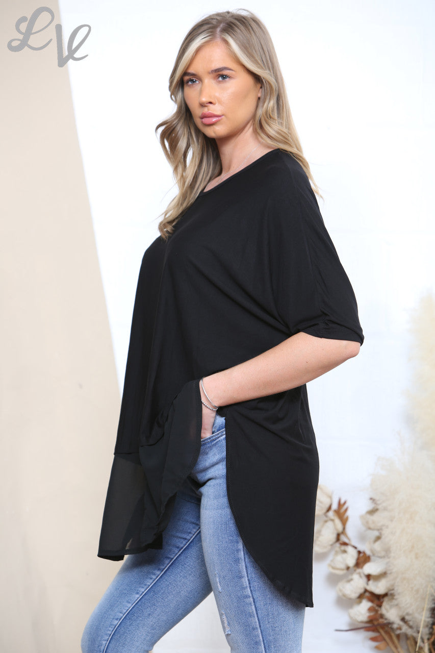 SHEER SLIT HEM TOP  BLACK