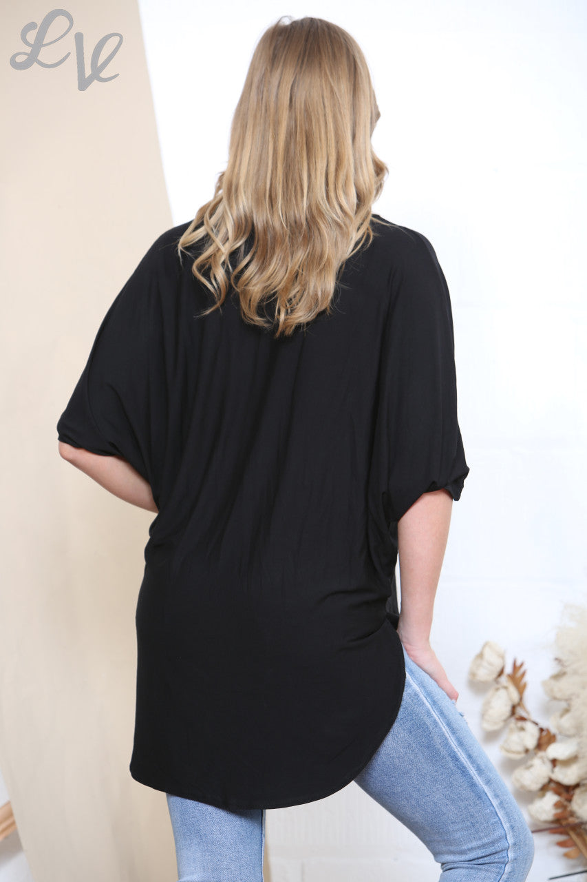 SHEER SLIT HEM TOP  BLACK