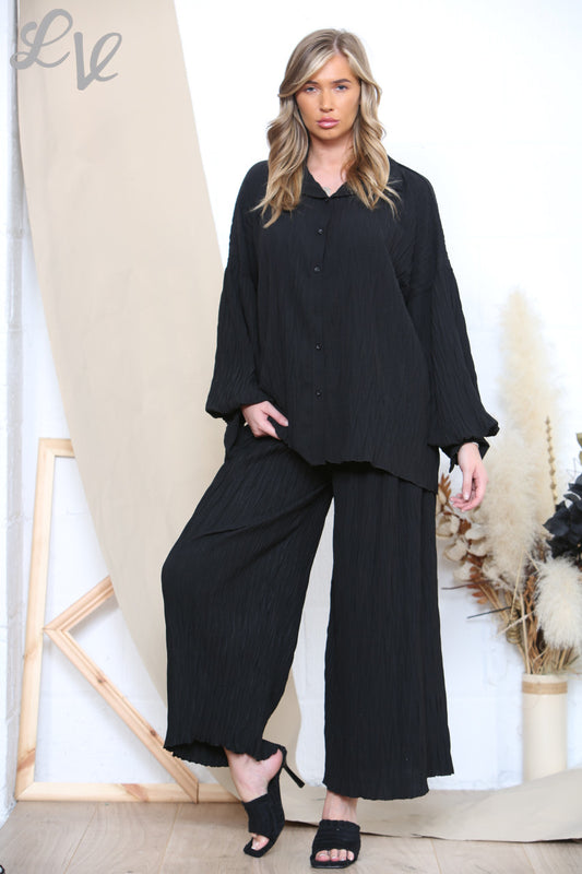 Dames Plissé Shirt & Broek Set Zwart