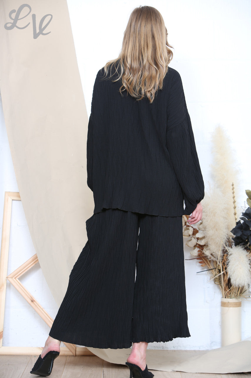 Dames Plissé Shirt & Broek Set Zwart