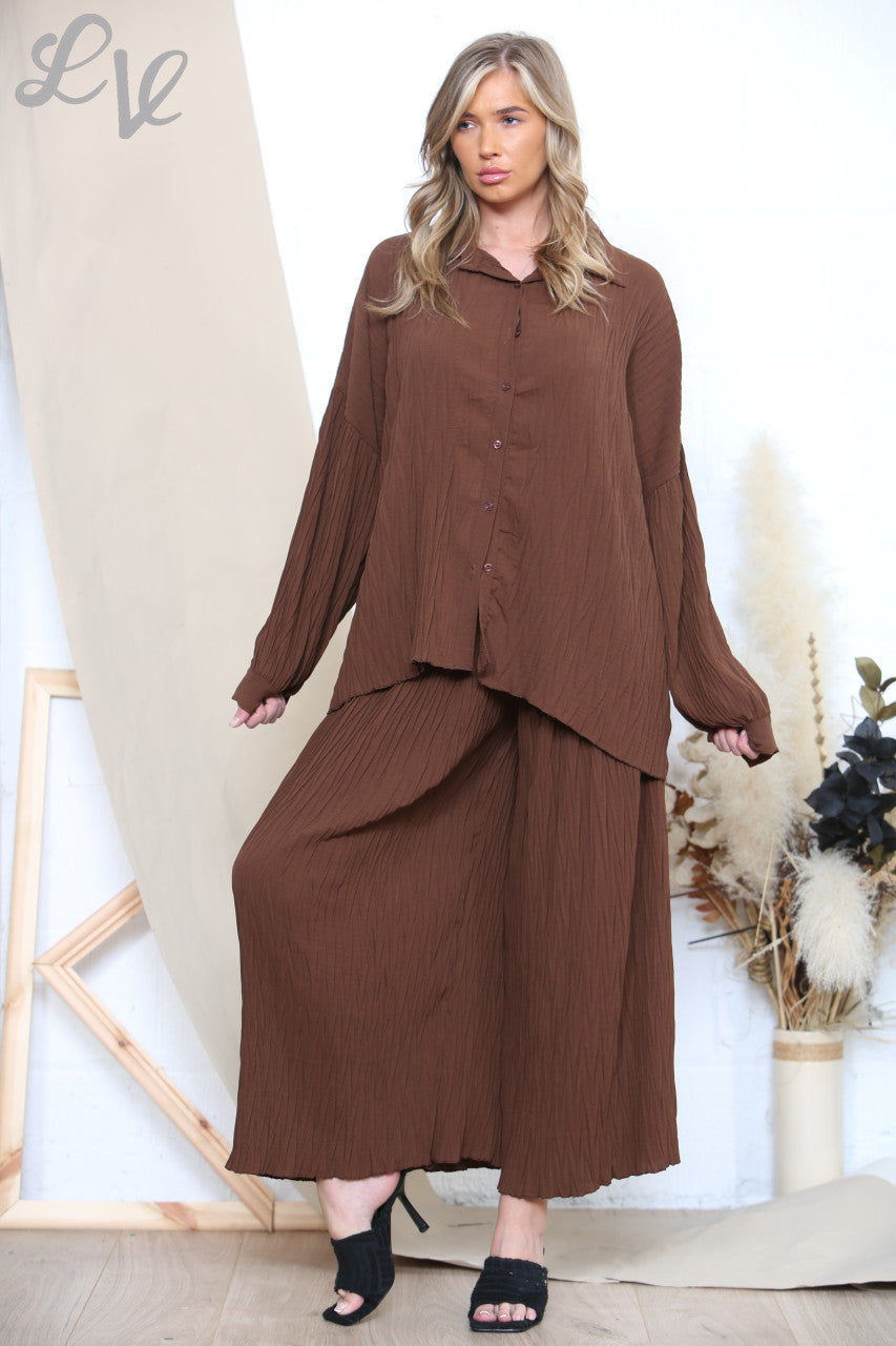 Ladies Pleated Shirt & Trouser Set Brown