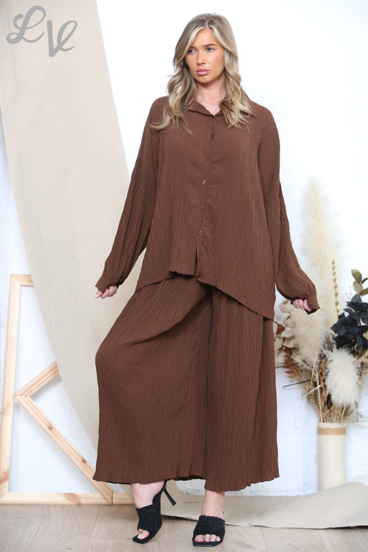 Dames geplooide blouse- & broekenset bruin