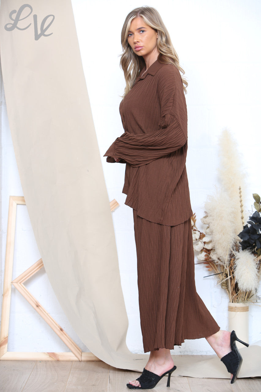 Ladies Pleated Shirt & Trouser Set Brown