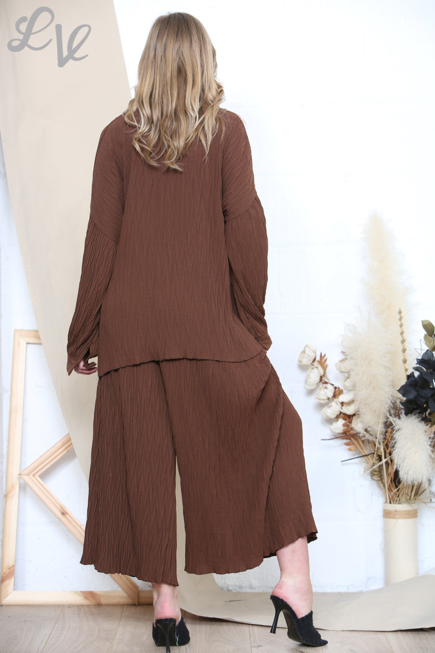 Ladies Pleated Shirt & Trouser Set Brown