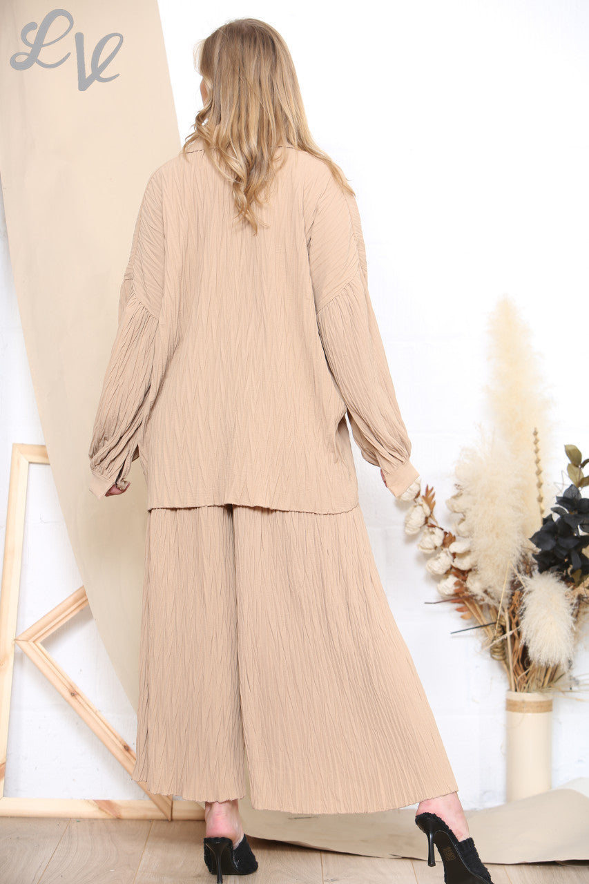 Ladies Pleated Shirt & Trouser Set Camel
