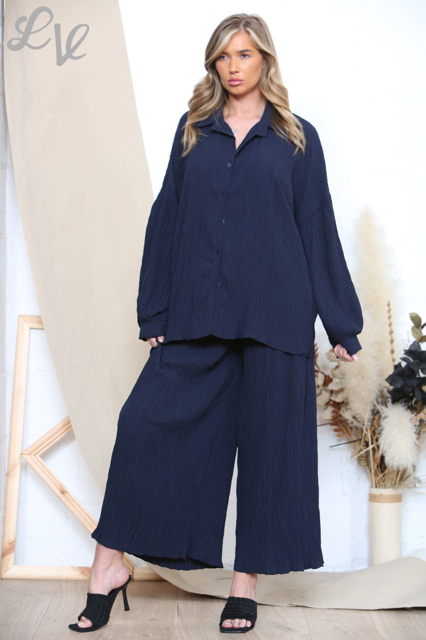 Dames plissé overhemd en broek set marineblauw