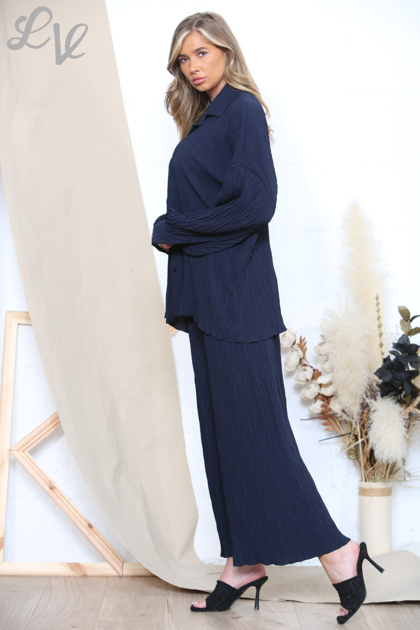 Dames plissé overhemd en broek set marineblauw