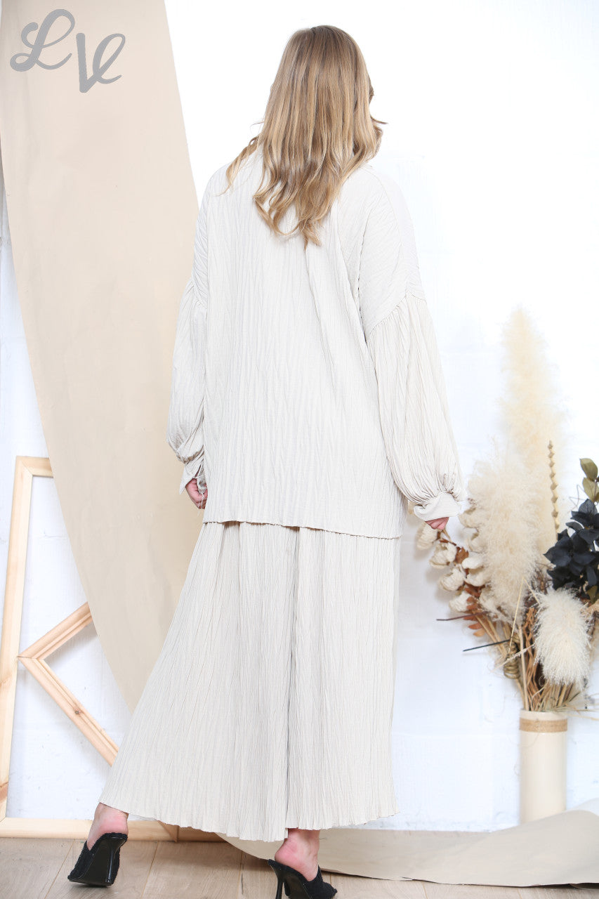 Dames geplooide blouse en broek set steen