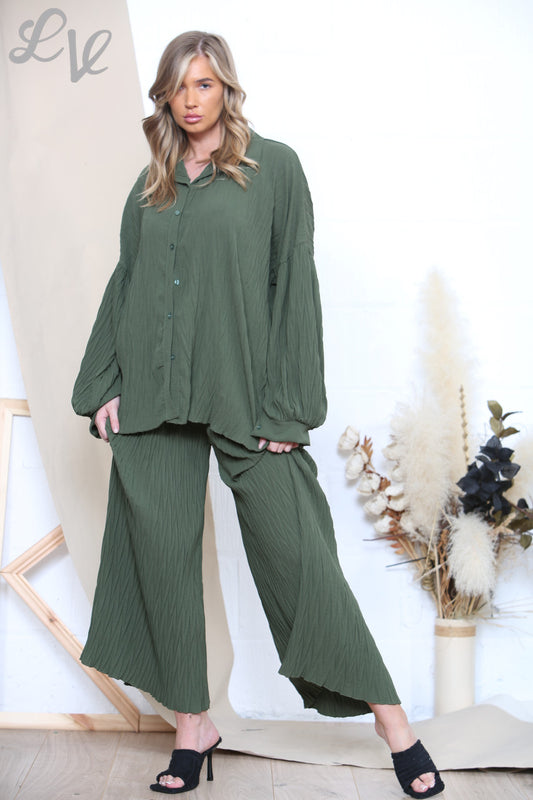 Dames Geplooide Blouse & Broek Set Kaki