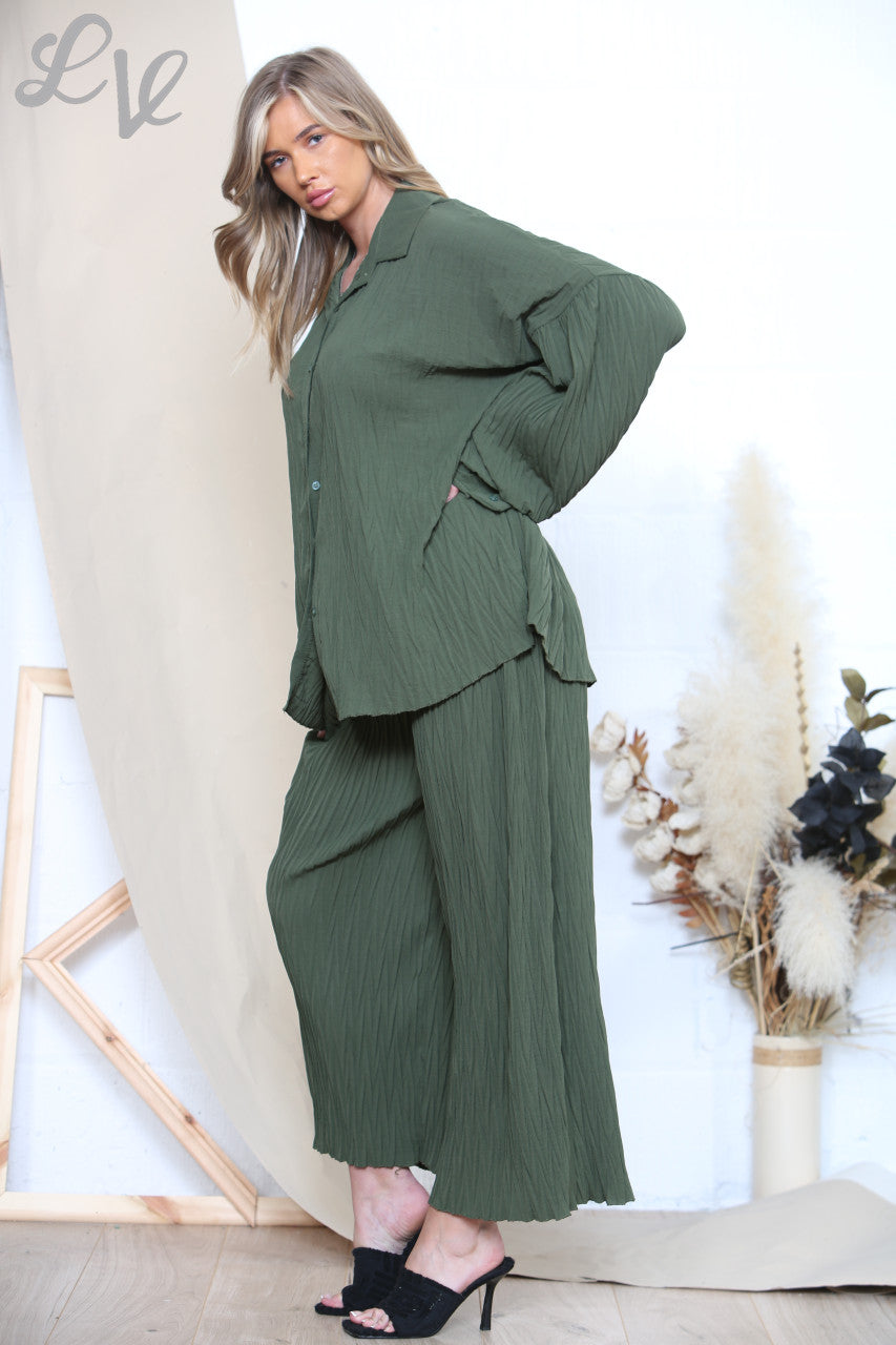 Ladies Pleated Shirt & Trouser Set Khaki