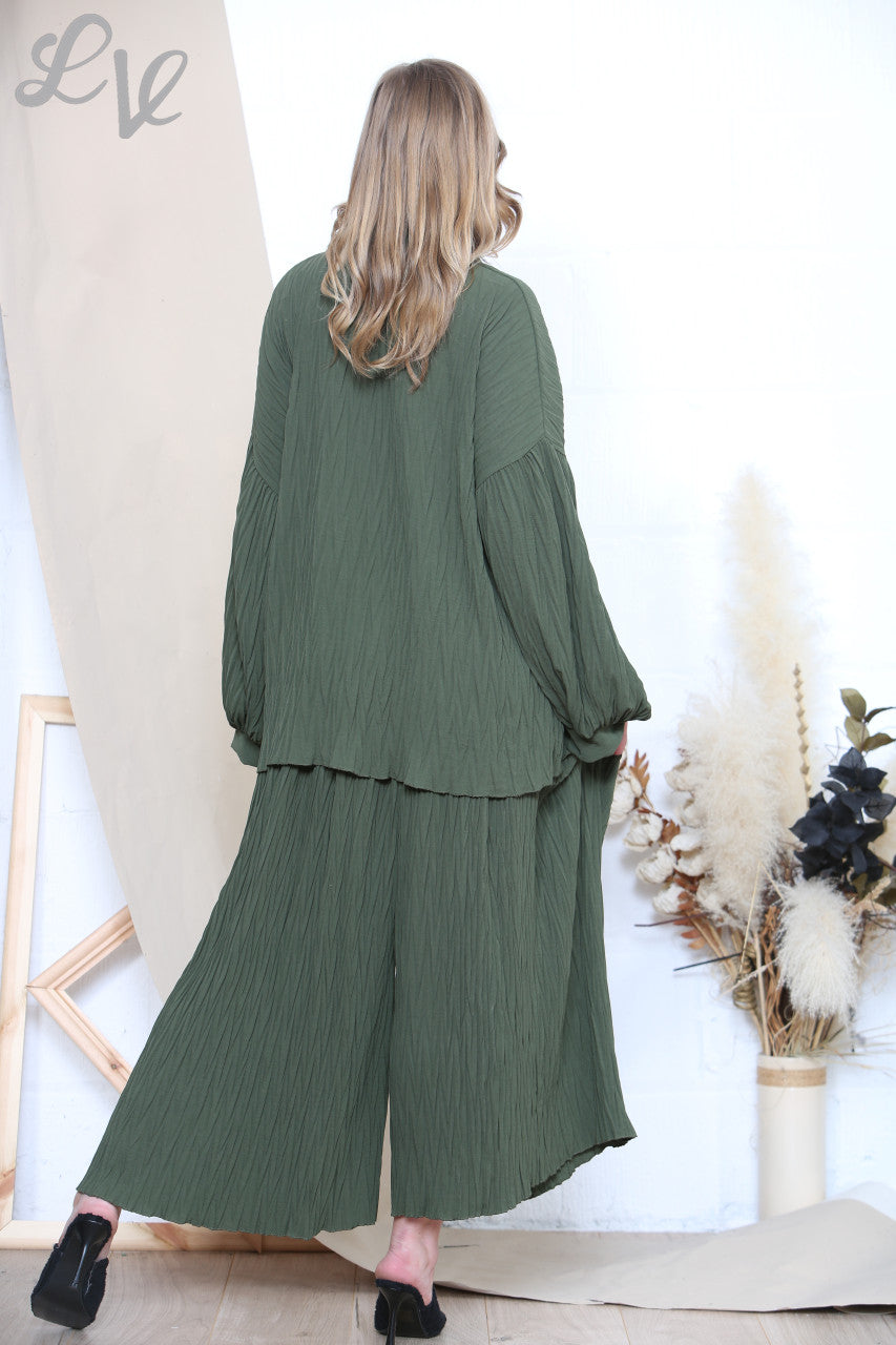 Ladies Pleated Shirt & Trouser Set Khaki