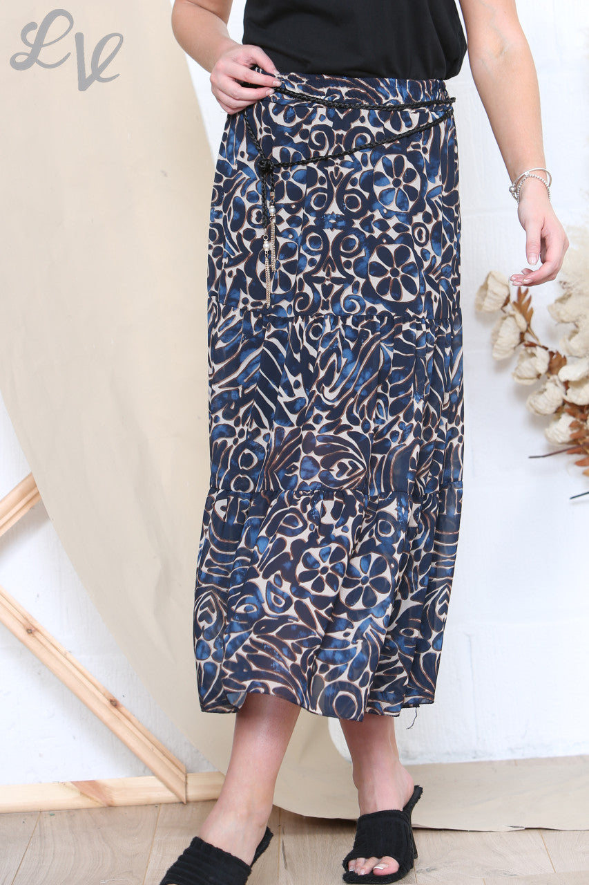 Ladies Mix Print Skirt Navy