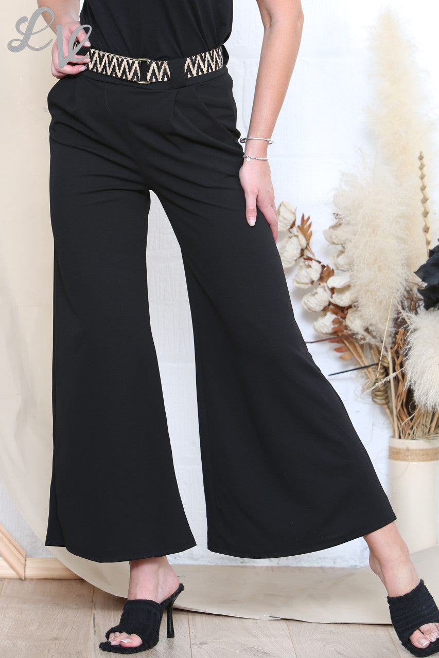 Ladies Plain Trousers With Pattern Belt Black