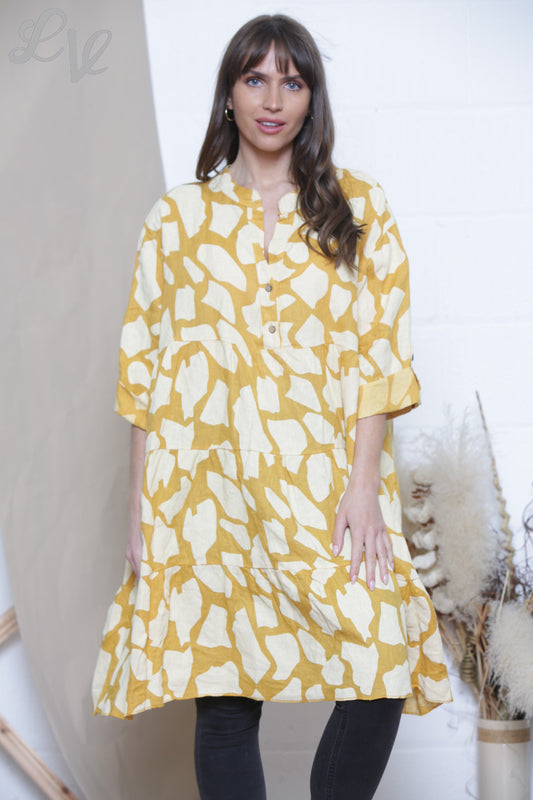 Dames Linnen Giraffe Print Shirt Top Tuniek Jurk Mosterd
