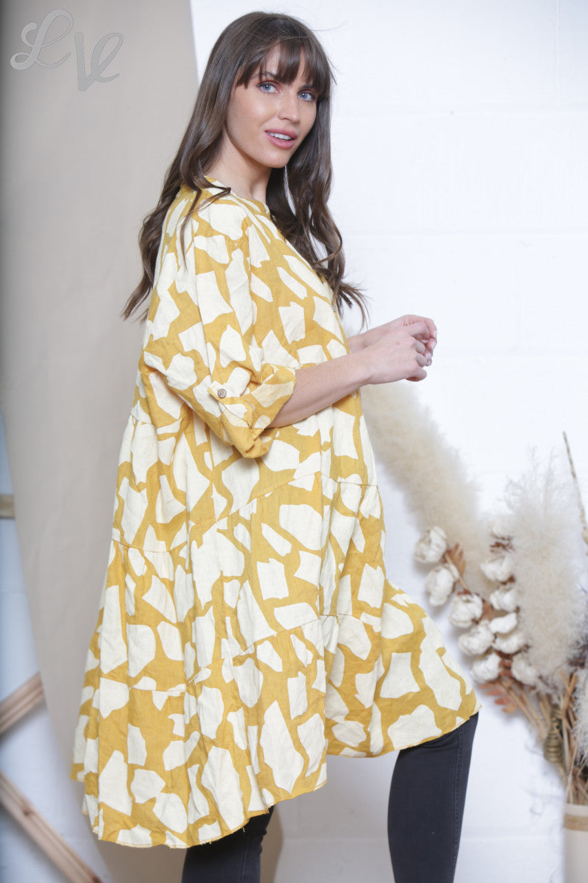 Dames Linnen Giraffe Print Shirt Top Tuniek Jurk Mosterd