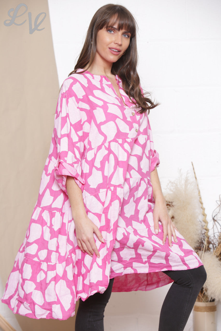 Ladies Linen Giraffe Print Shirt Top Tunic Dress Cerise