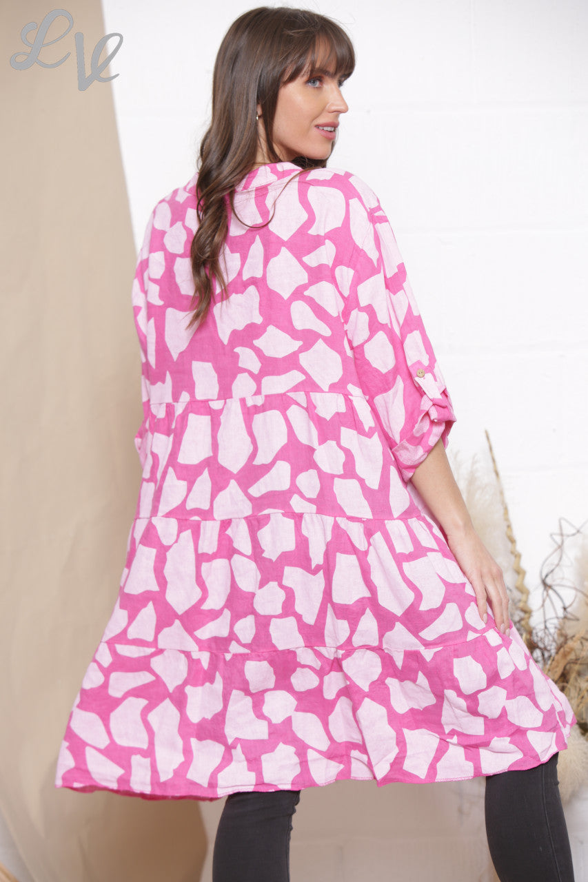 Ladies Linen Giraffe Print Shirt Top Tunic Dress Cerise