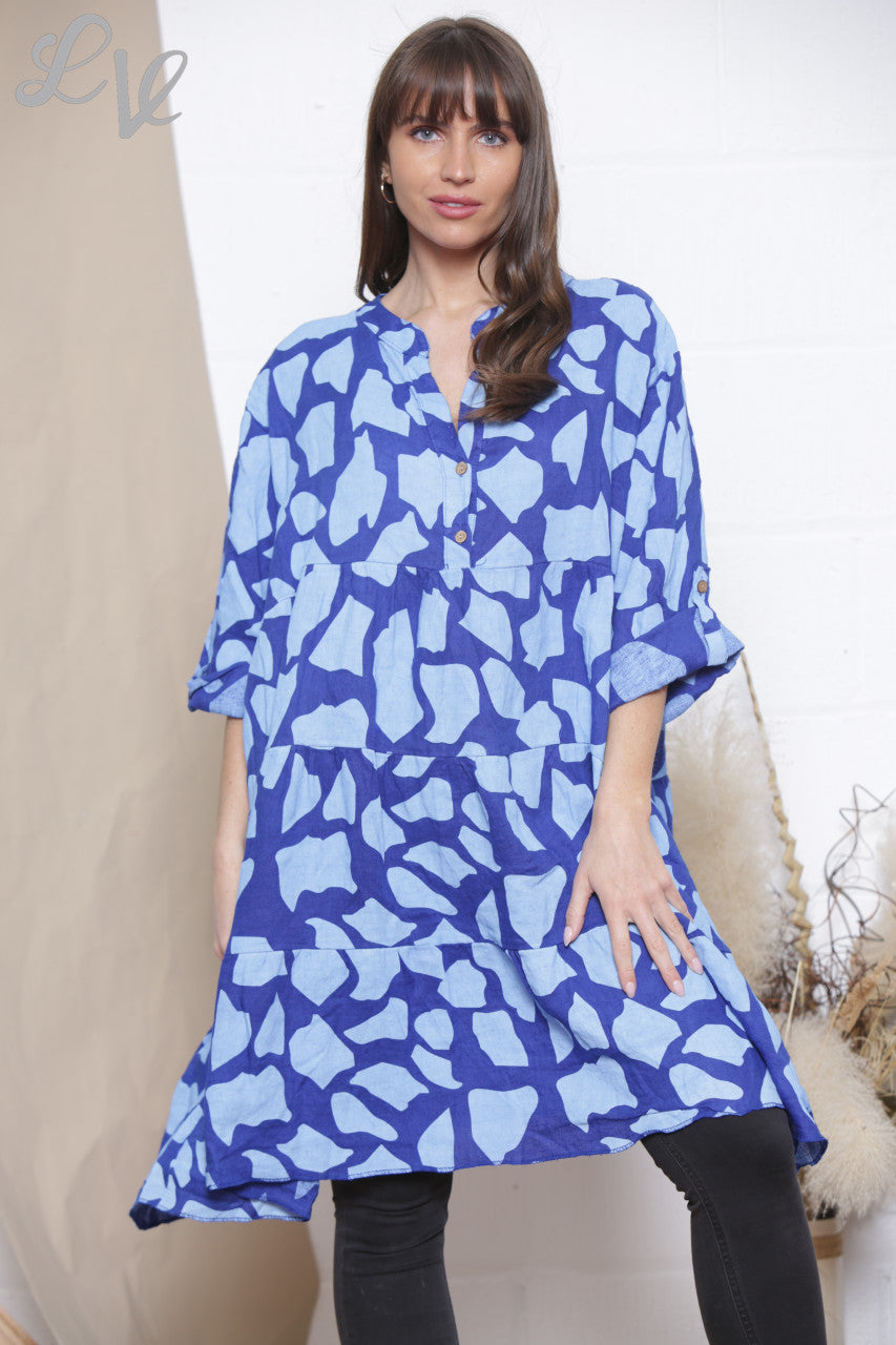Dames Linnen Giraffe Print Blouse Top Tuniekjurk Koningsblauw