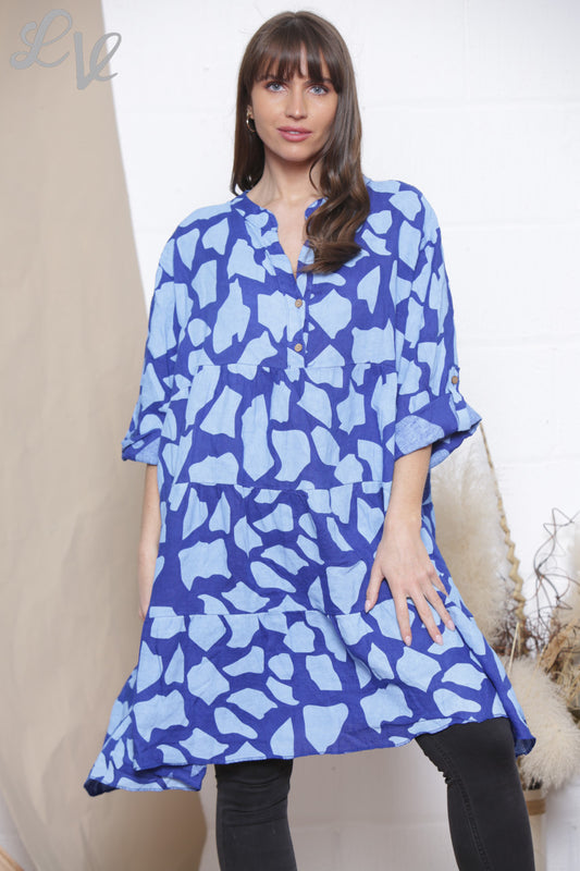 Dames Linnen Giraffe Print Blouse Top Tuniekjurk Koningsblauw