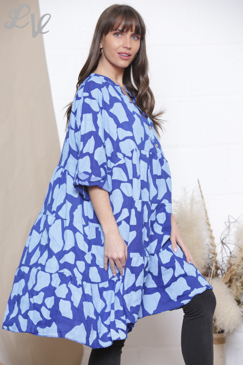 Dames Linnen Giraffe Print Blouse Top Tuniekjurk Koningsblauw