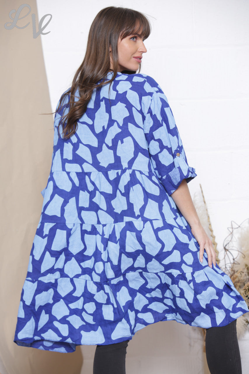Dames Linnen Giraffe Print Blouse Top Tuniekjurk Koningsblauw