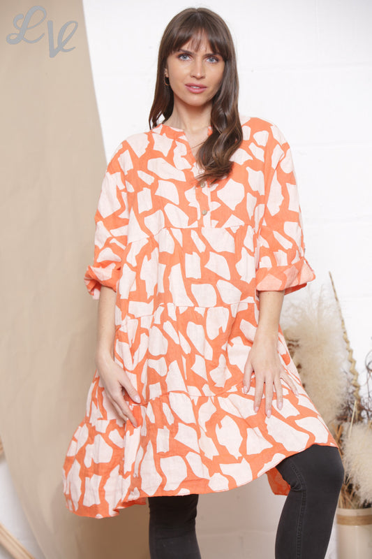Dames Linnen Giraffe Print Blouse Top Tuniek Jurk Oranje