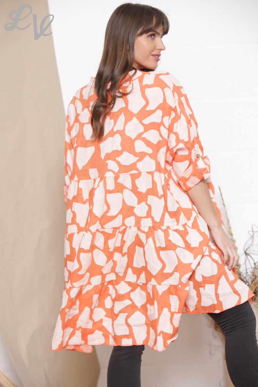 Dames Linnen Giraffe Print Blouse Top Tuniek Jurk Oranje