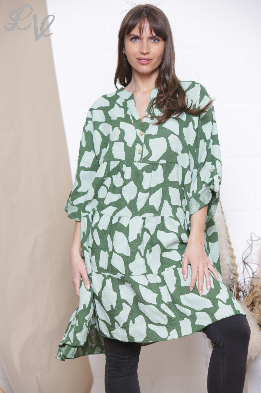 Dames Linnen Giraffe Print Shirt Top Tuniek Jurk Groen