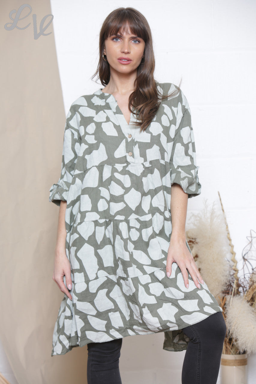 Ladies Linen Giraffe Print Shirt Top Tunic Dress Khaki