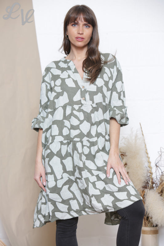 Dames Linnen Giraffe Print Shirt Tuniek Jurk Kaki