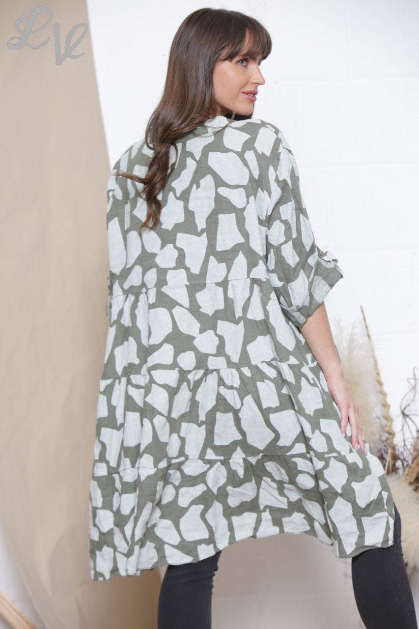 Ladies Linen Giraffe Print Shirt Top Tunic Dress Khaki