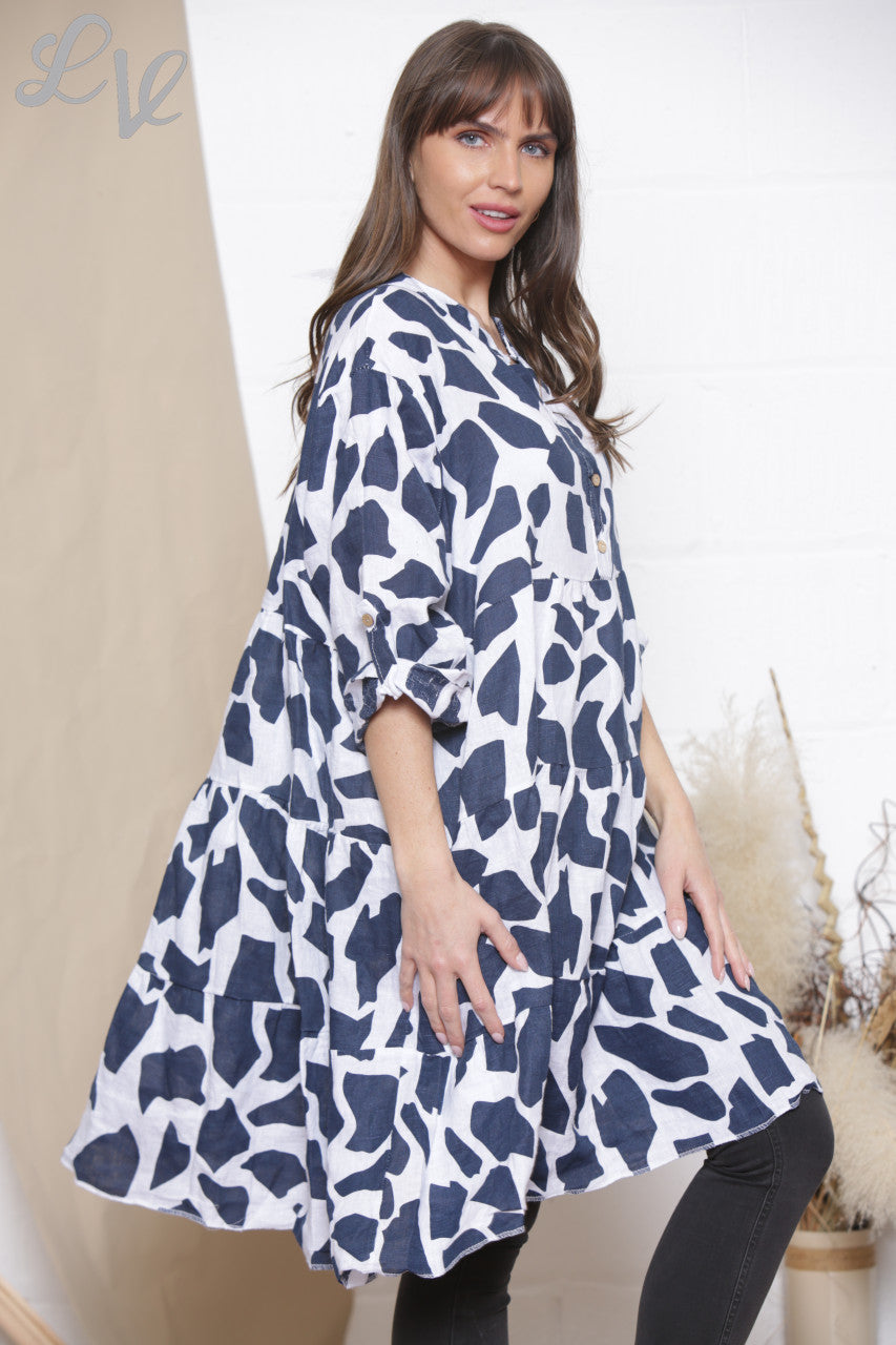 Dames Linnen Giraffe Print Overhemd Top Tuniek Jurk Wit