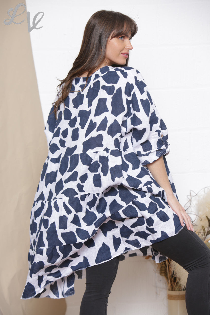 Dames Linnen Giraffe Print Overhemd Top Tuniek Jurk Wit
