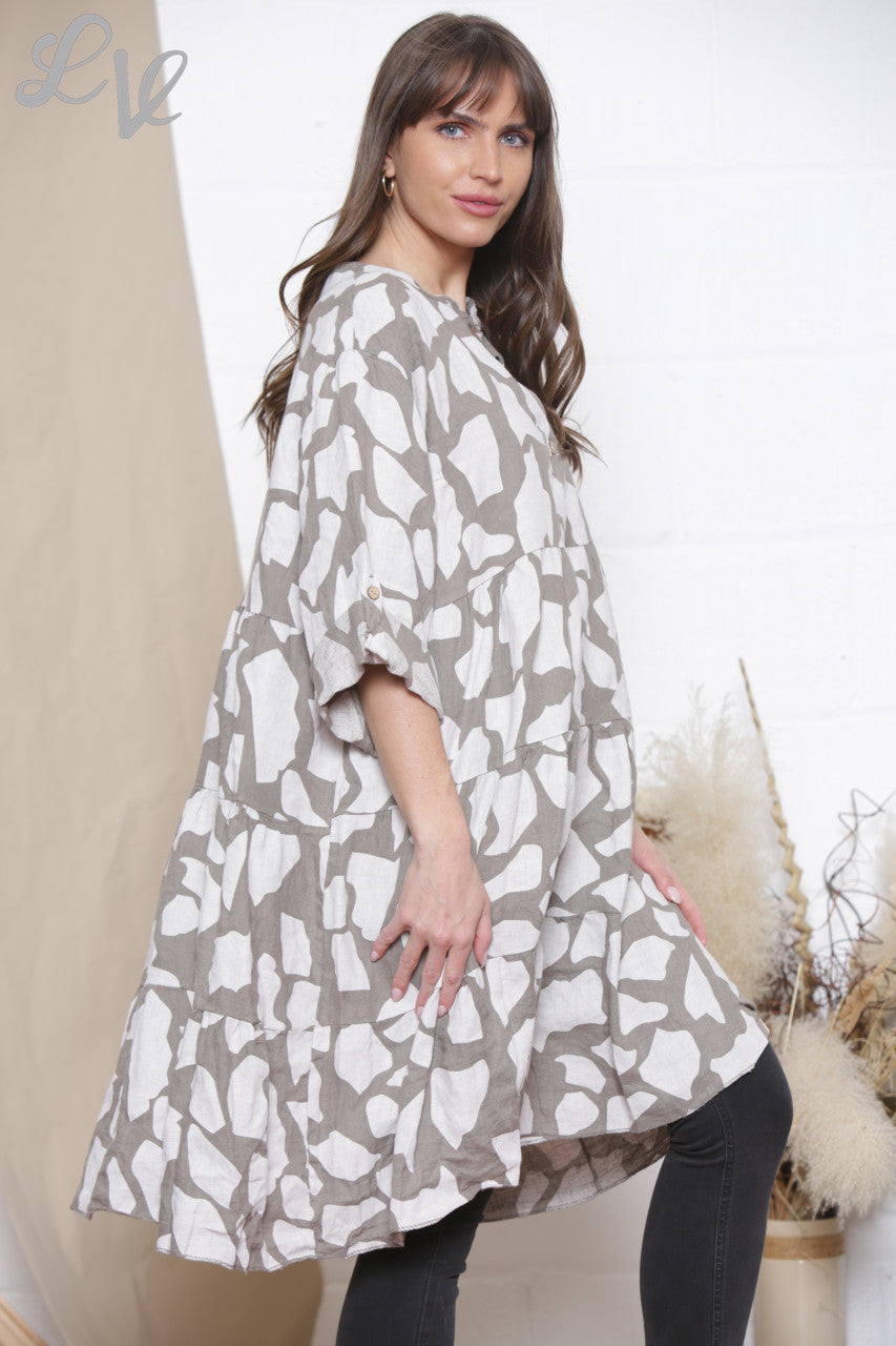Ladies Linen Giraffe Print Shirt Top Tunic Dress Taupe