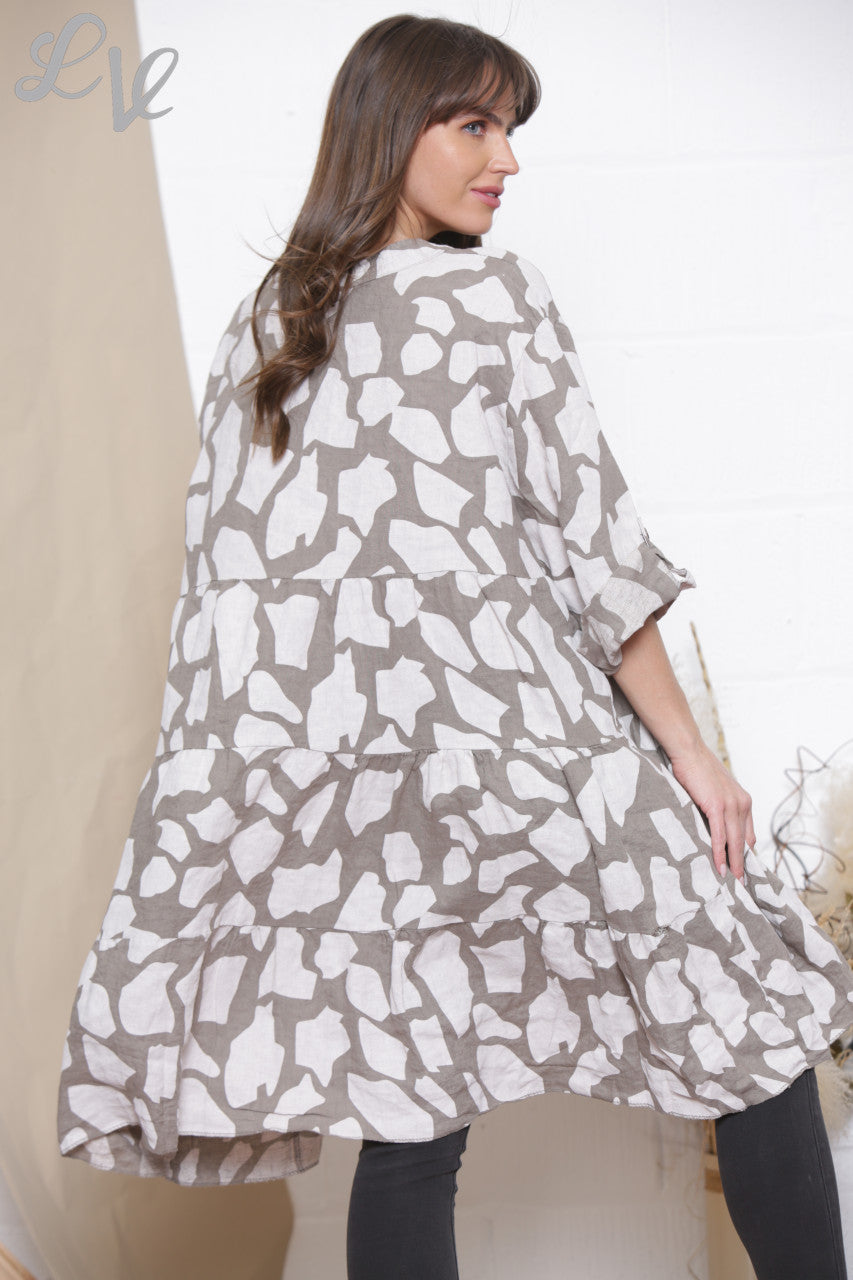 Ladies Linen Giraffe Print Shirt Top Tunic Dress Taupe