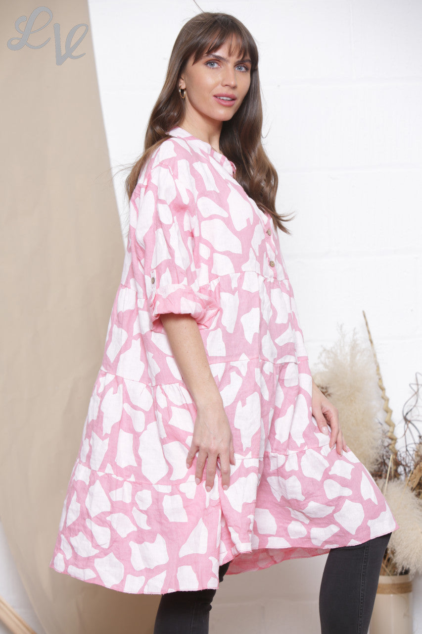 Ladies Linen Giraffe Print Shirt Top Tunic Dress Pink