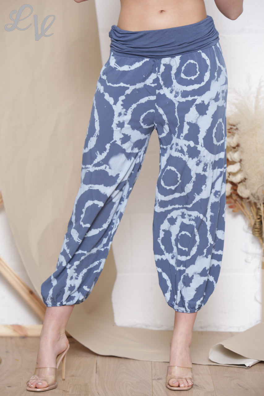 Ladies 	Swirl Tie Dye Print Gypsy Style Trousers Denim