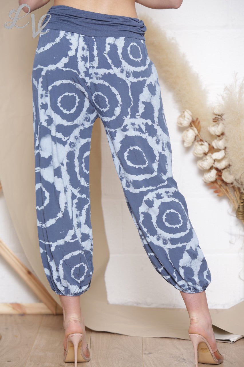 Ladies 	Swirl Tie Dye Print Gypsy Style Trousers Denim