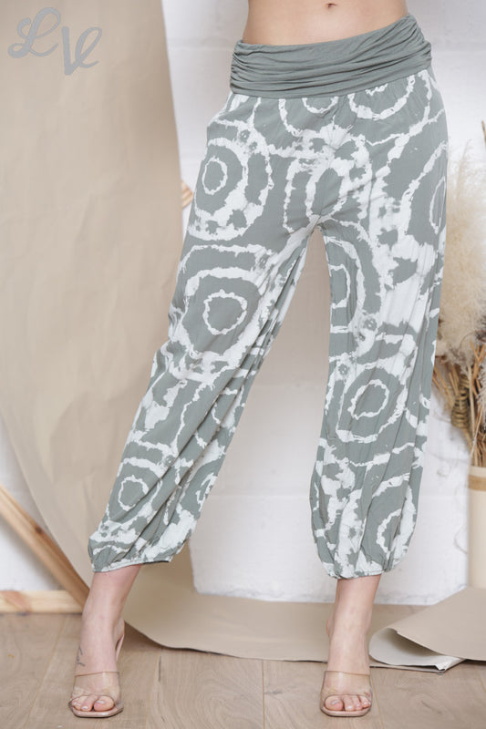 Damesbroek met Swirl Tie Dye Print in Zigeunerstijl Khaki