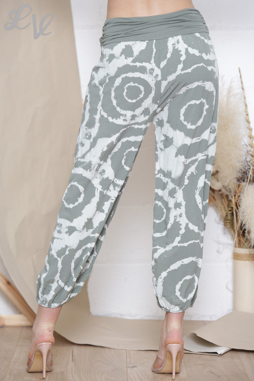 Ladies Swirl Tie Dye Print Gypsy Style Trousers Khaki