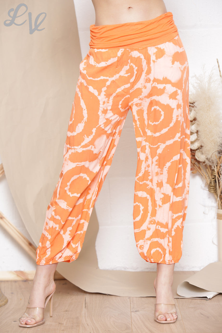 Ladies Swirl Tie Dye Print Gypsy Style Trousers Orange