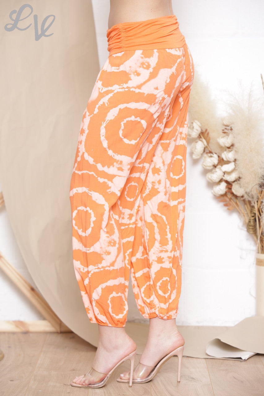 Ladies Swirl Tie Dye Print Gypsy Style Trousers Orange