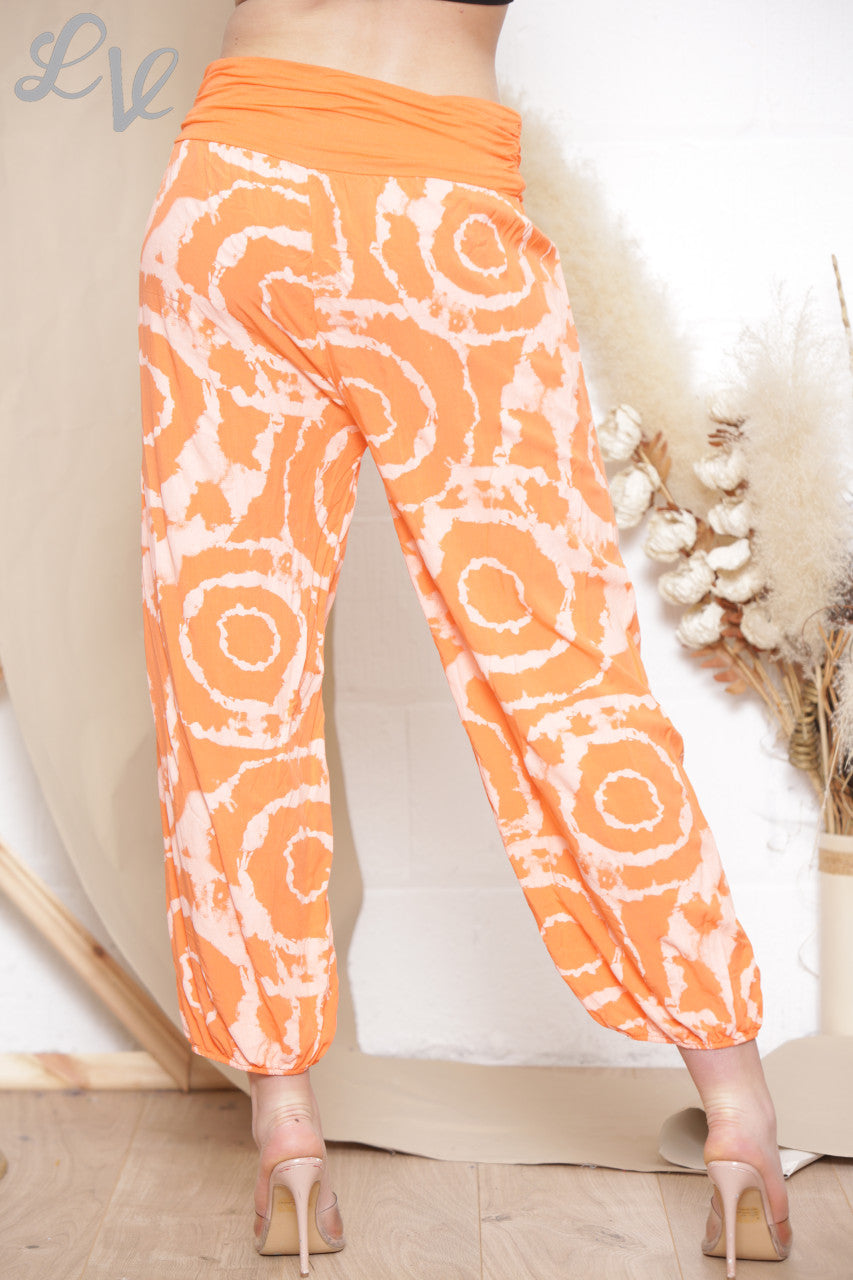 Ladies Swirl Tie Dye Print Gypsy Style Trousers Orange