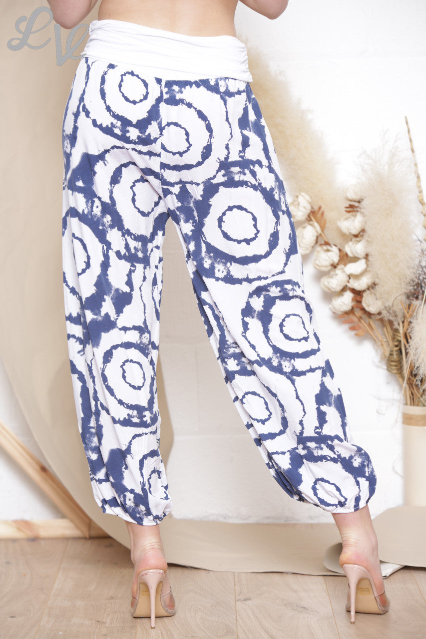Ladies Swirl Tie Dye Print Gypsy Style Trousers White