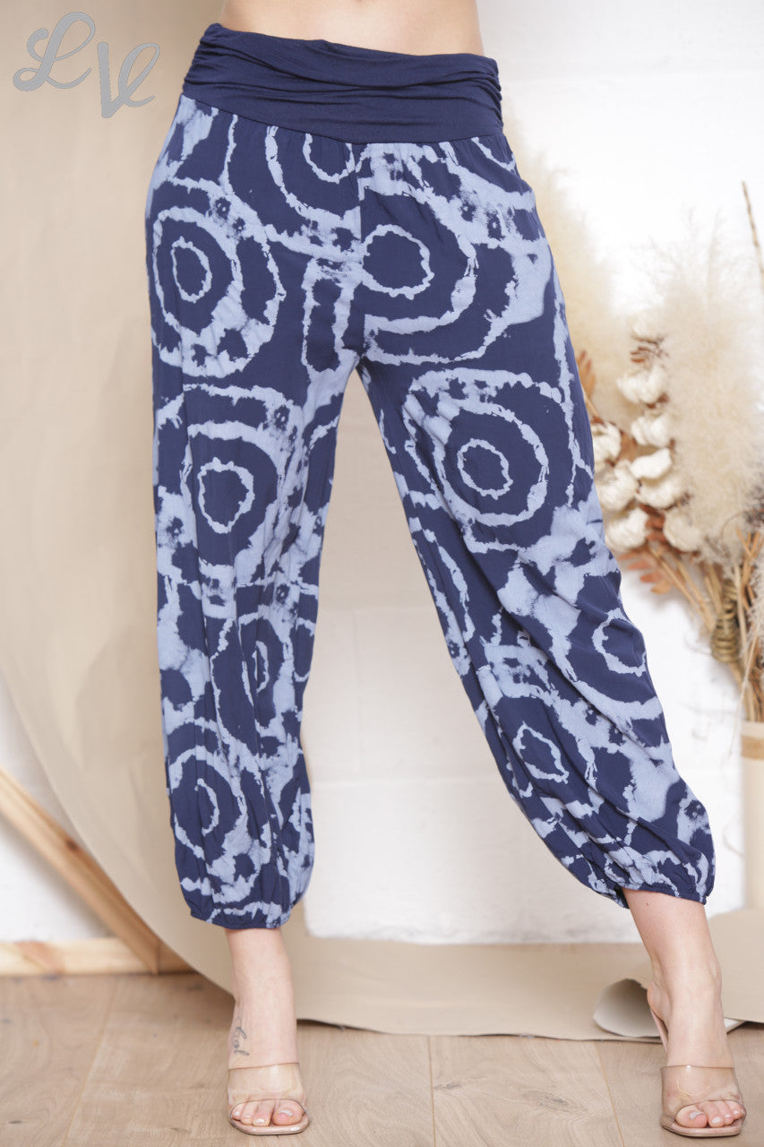 Ladies 	Swirl Tie Dye Print Gypsy Style Trousers Navy