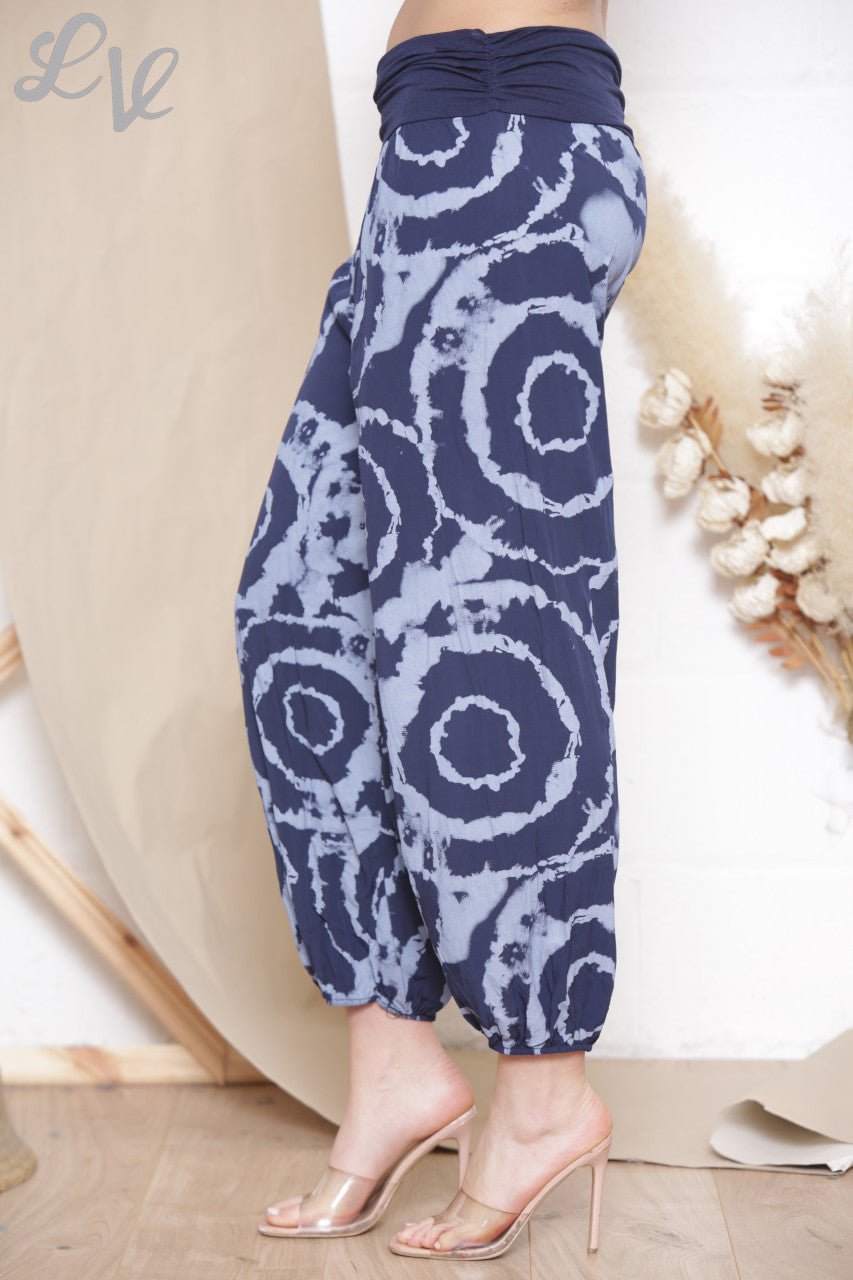Ladies 	Swirl Tie Dye Print Gypsy Style Trousers Navy
